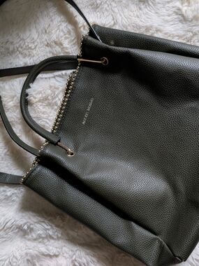 ALEXIS BENDEL Olive Green Pebbled Leather Tote with Gold Bead Trim